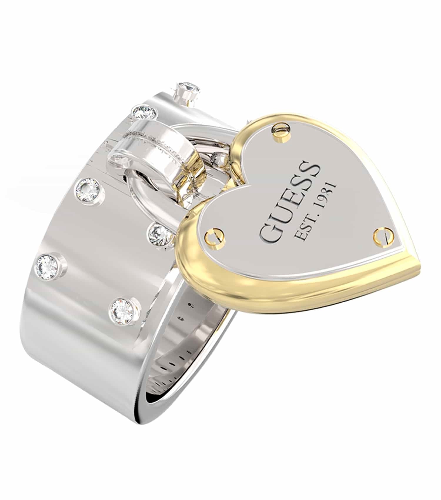 Elegant Guess Jewellery ring in silver and gold colors, showcasing a chic design, captured in a stylish front angle.