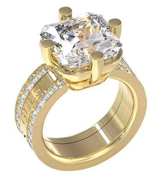 Guess Jewellery gold ring with intricate design, angled view showcasing its polished finish, capturing elegant sophistication.