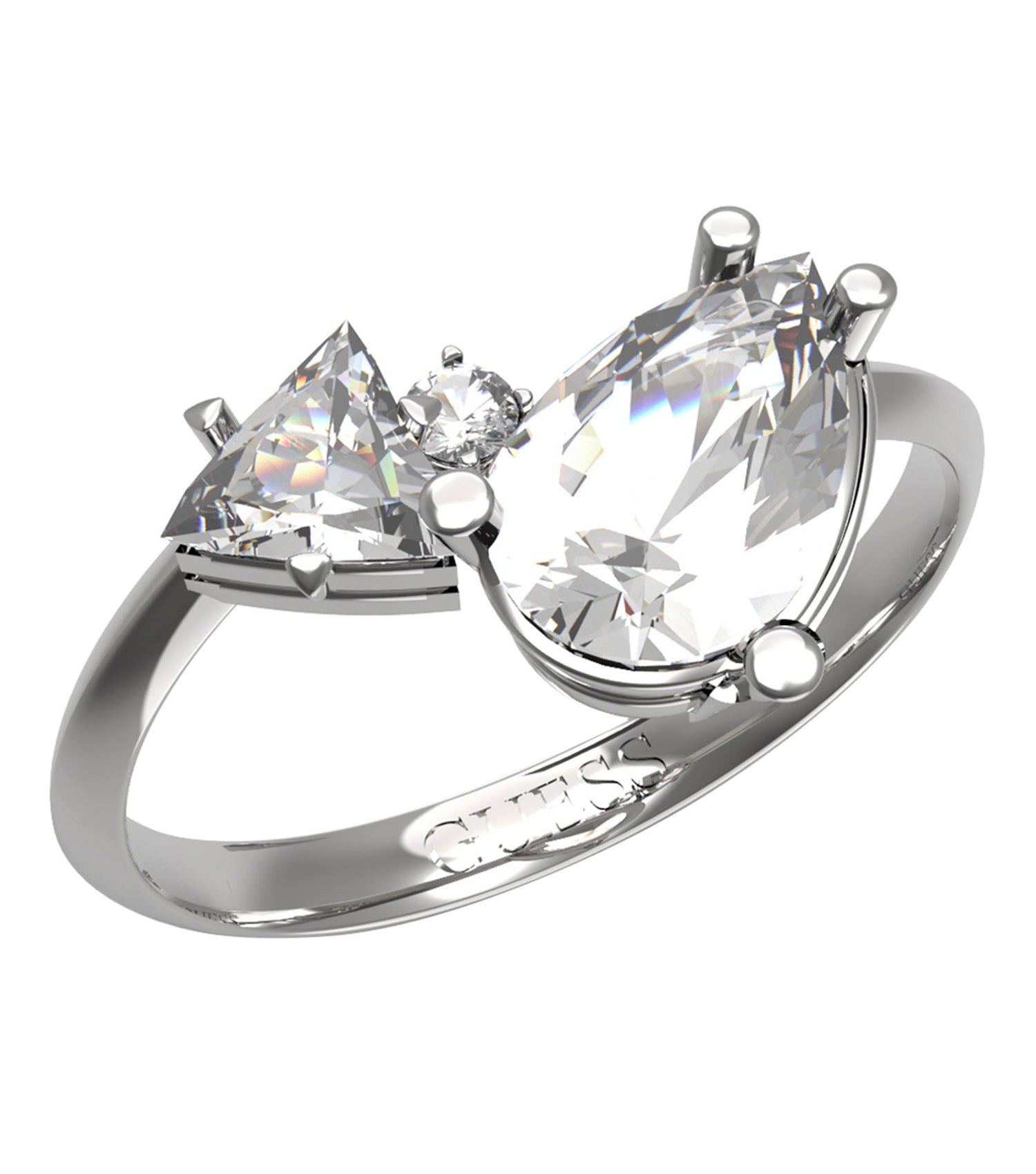 Silver Guess Jewellery ring with intricate detailing, displayed at a 50-degree angle; elegant accessory for stylish individuals.