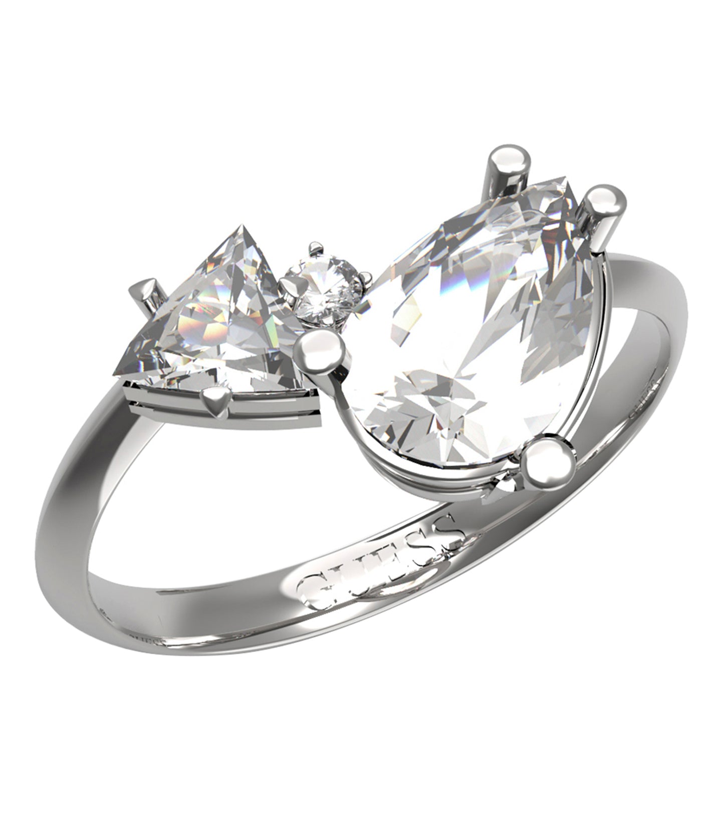 Silver Guess Jewellery ring with intricate detailing, displayed at a 50-degree angle; elegant accessory for stylish individuals.