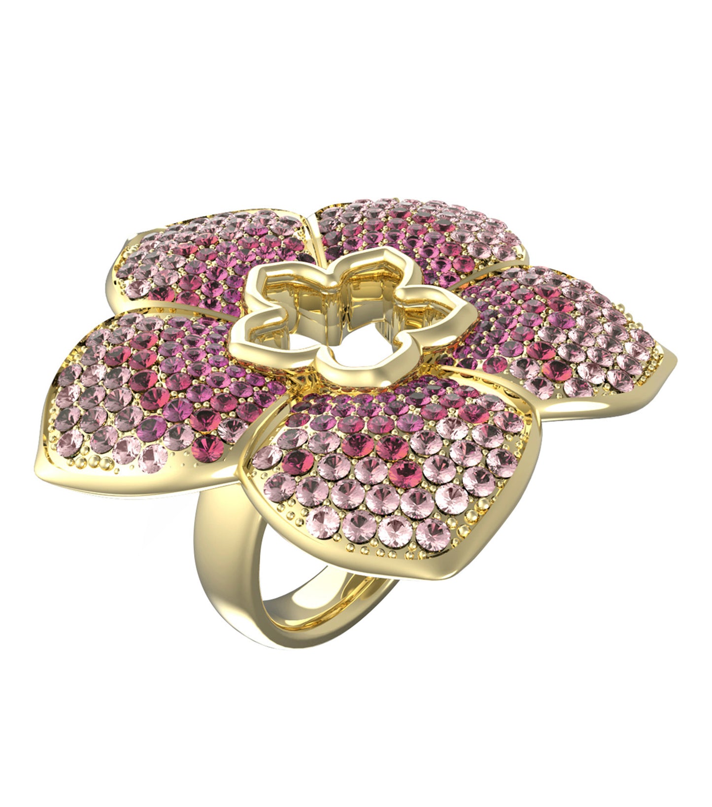 Elegant gold Guess Jewellery ring showcasing a sleek, polished finish, captured from an angled side view highlighting its lustrous shine.