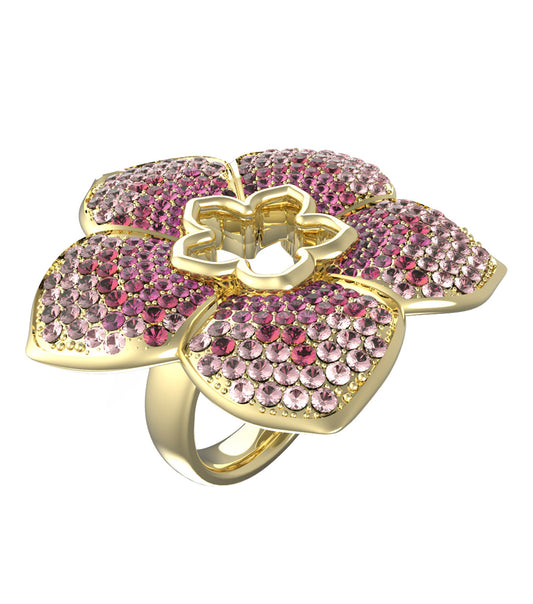 Elegant gold Guess Jewellery ring showcasing a sleek, polished finish, captured from an angled side view highlighting its lustrous shine.
