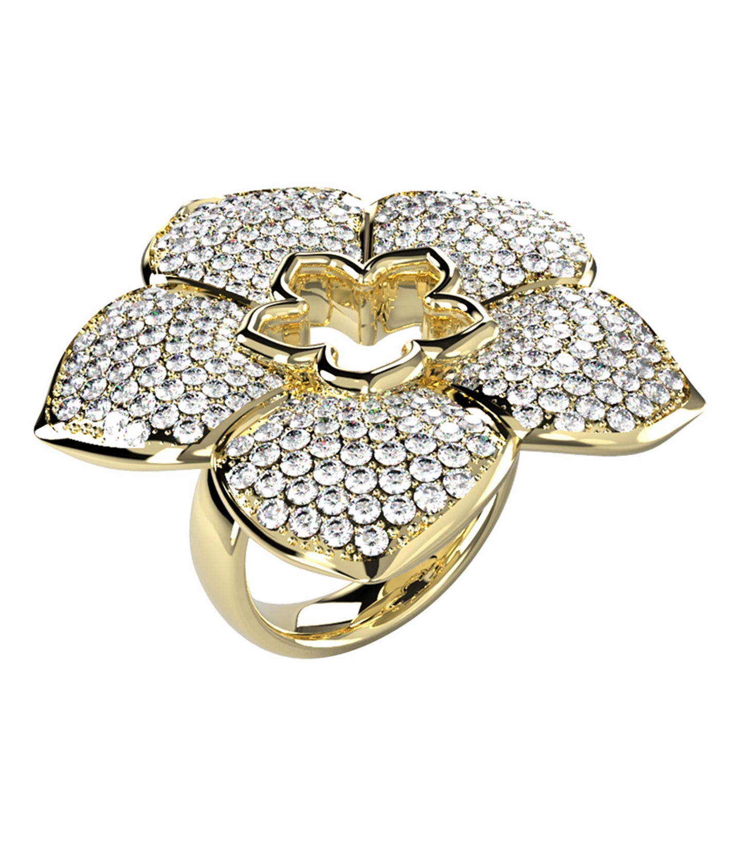 Gold Guess Jewellery ring with intricate designs, displayed at a slight angle, showcasing its elegant craftsmanship against a white background.
