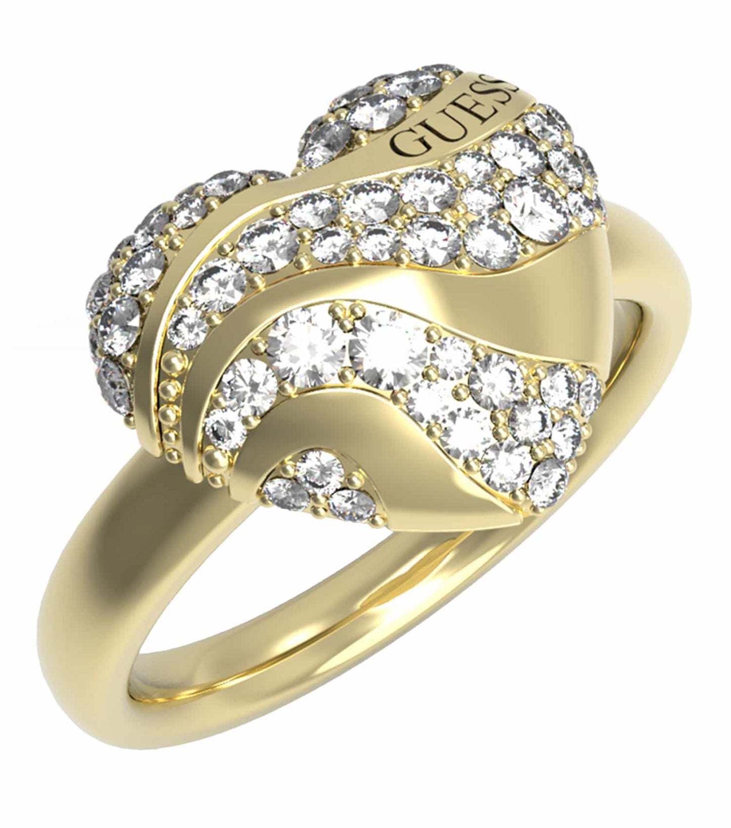 Guess Jewellery gold ring in a classic design, silver accents, top-down angle, exudes elegance and sophistication.