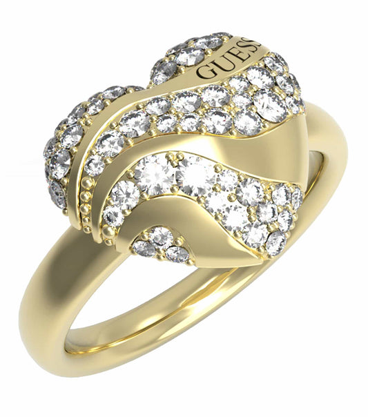 Guess Jewellery gold ring in a classic design, silver accents, top-down angle, exudes elegance and sophistication.