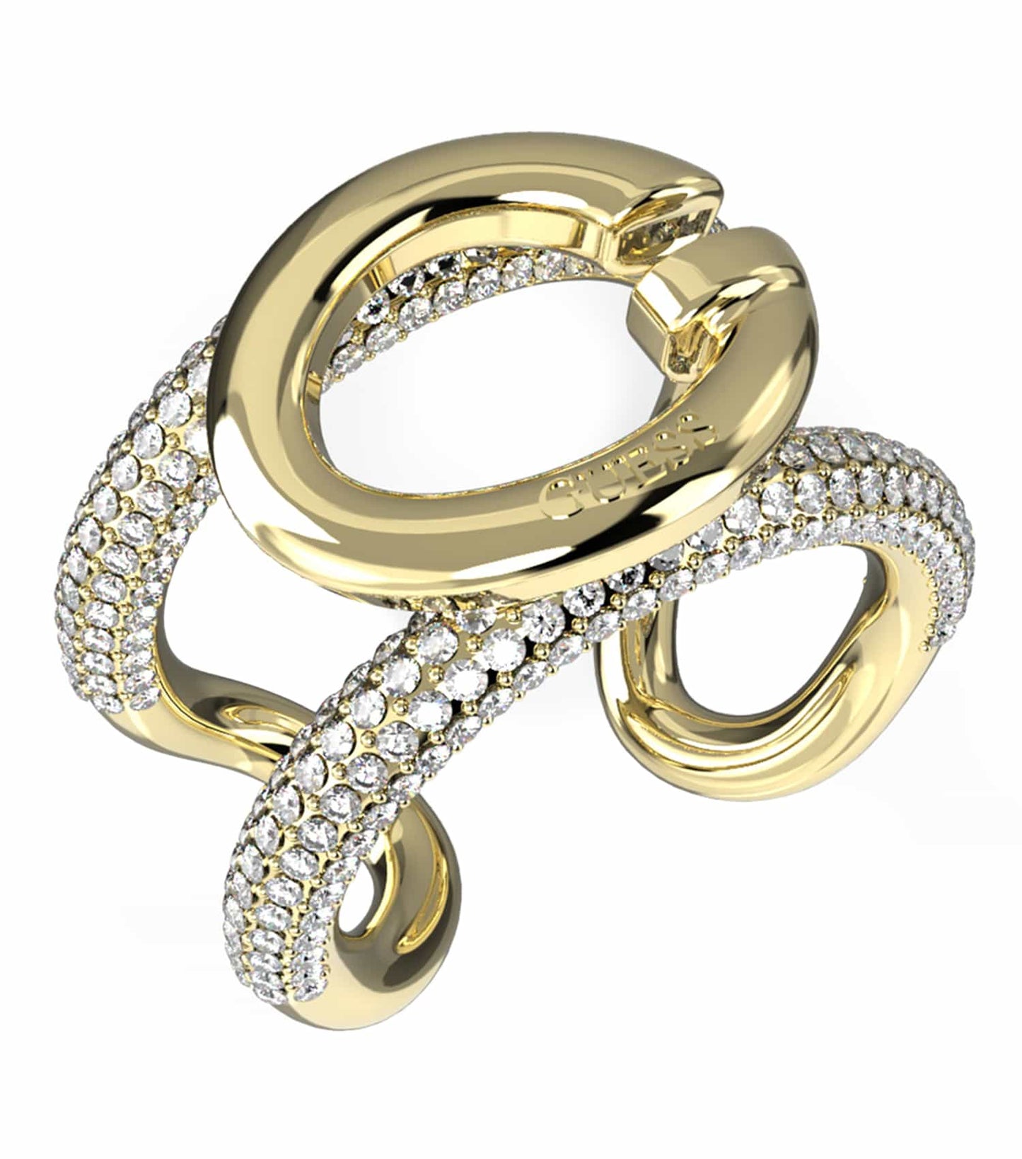 Gold ring by Guess Jewellery, front-angle view, showcasing elegant design and shiny gold hue, epitome of luxury craftsmanship.