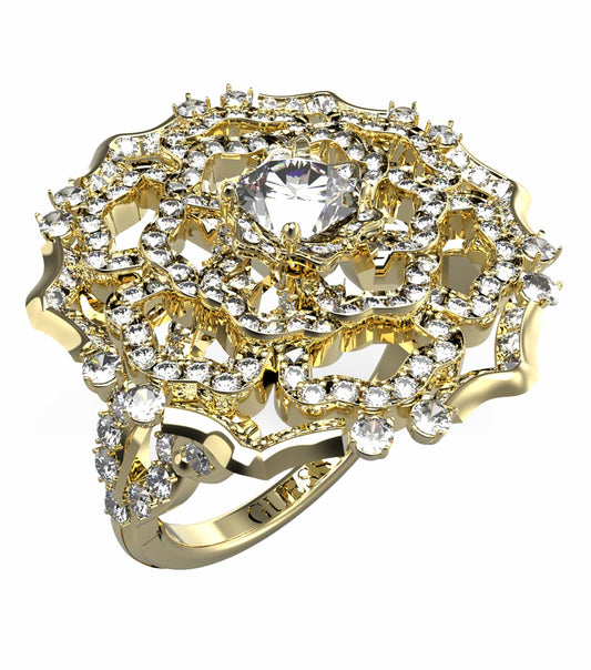Elegant gold ring by Guess Jewellery, showcasing intricate design details, captured at a slightly tilted angle for depth.