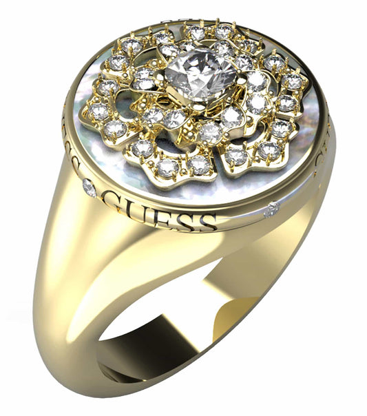 Guess Jewellery gold ring at a side angle, showcasing intricate design and elegant finish, highlighting the brand's craftsmanship.