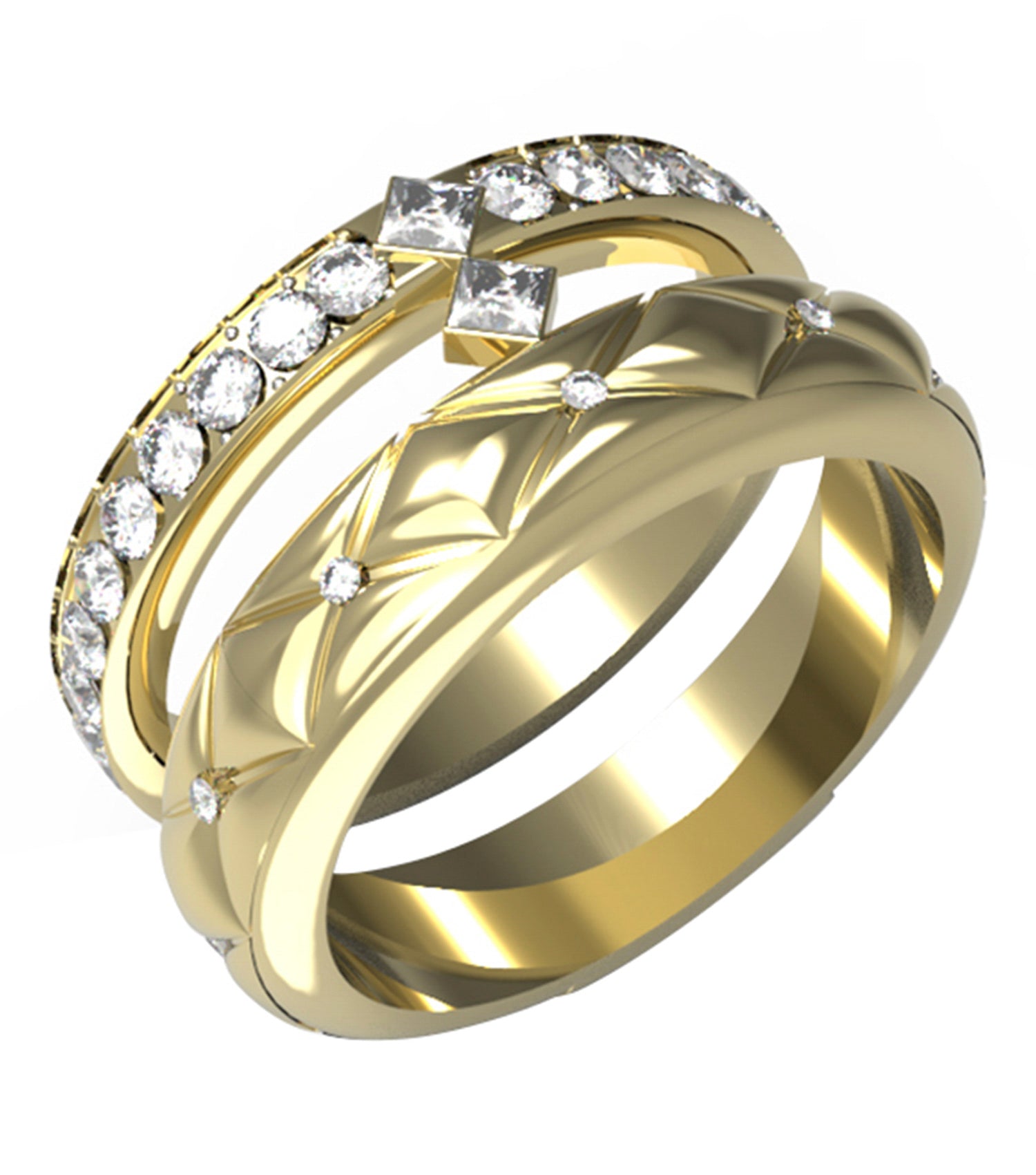 Gold-colored Guess Jewellery ring at a 45-degree angle, showcasing intricate detailing and sleek design, emphasizing elegance and charm.