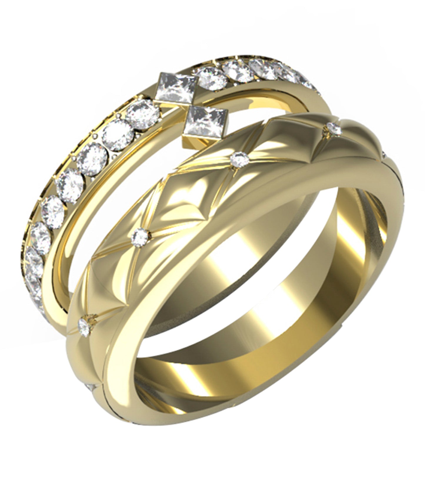 Gold-colored Guess Jewellery ring at a 45-degree angle, showcasing intricate detailing and sleek design, emphasizing elegance and charm.