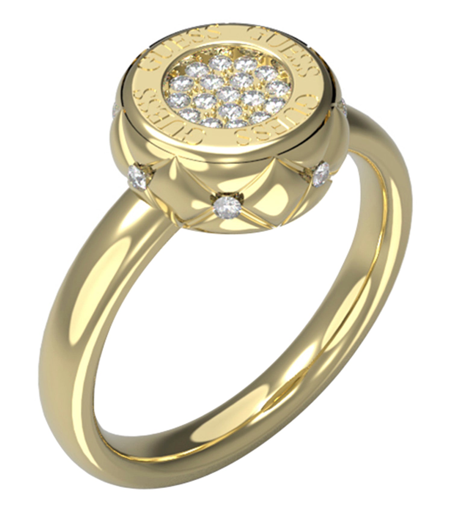 Guess Jewellery gold ring close-up with poised elegance; features intricate design and subtle shimmer from top angle view.