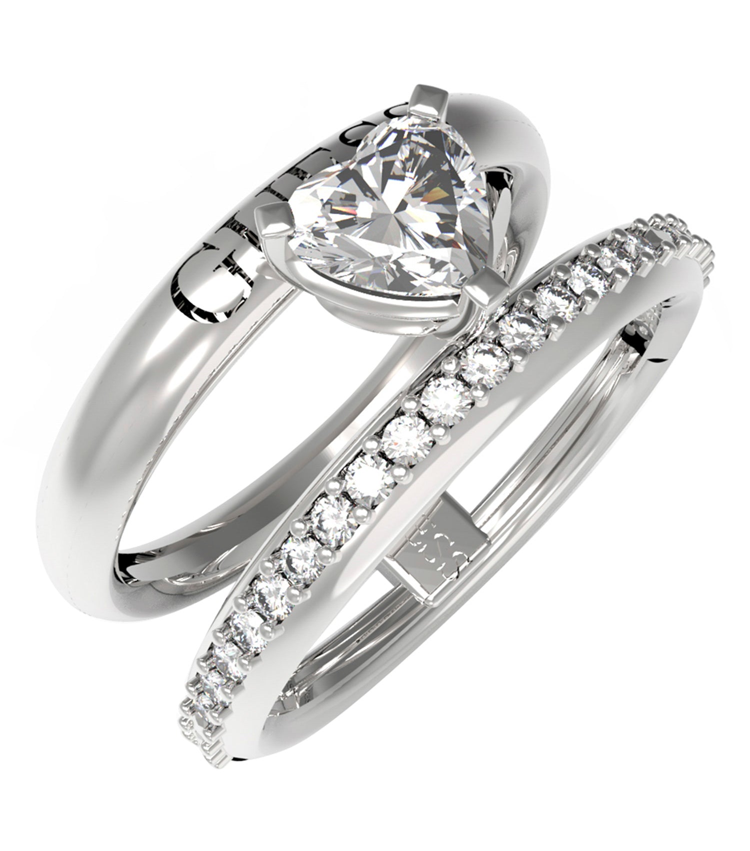 Guess Jewellery elegant silver ring featuring intricate detailing, captured from a slightly tilted upward angle, exudes sophistication.