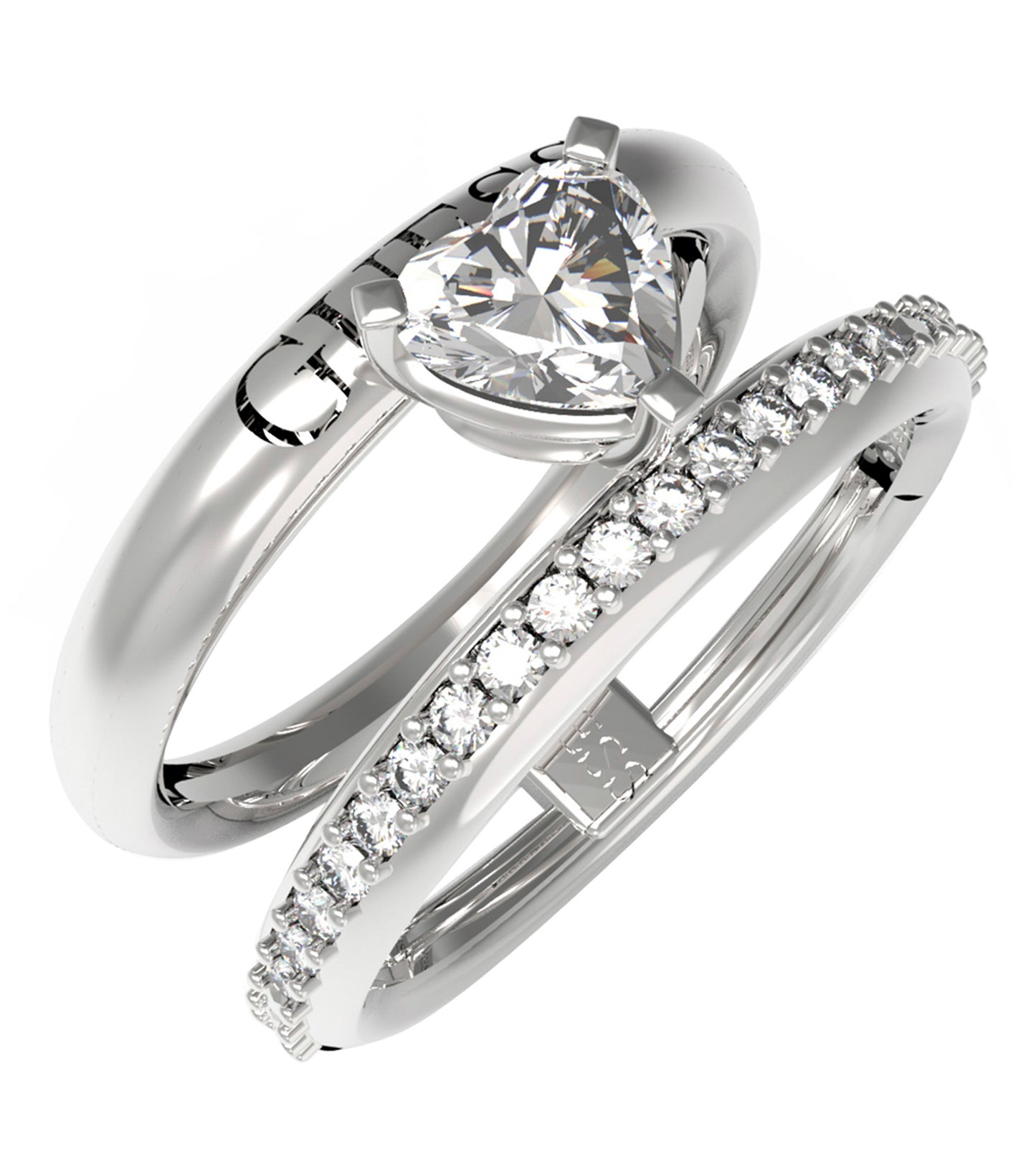 Guess Jewellery elegant silver ring featuring intricate detailing, captured from a slightly tilted upward angle, exudes sophistication.