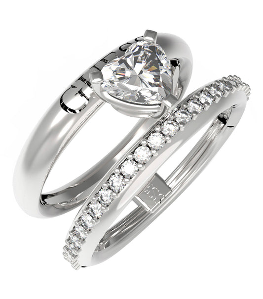 Guess Jewellery elegant silver ring featuring intricate detailing, captured from a slightly tilted upward angle, exudes sophistication.