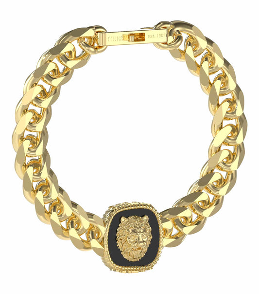 Gold colored Guess Jewellery bracelet shown from a side angle, featuring a sleek design and sparkling elements, exuding elegance.