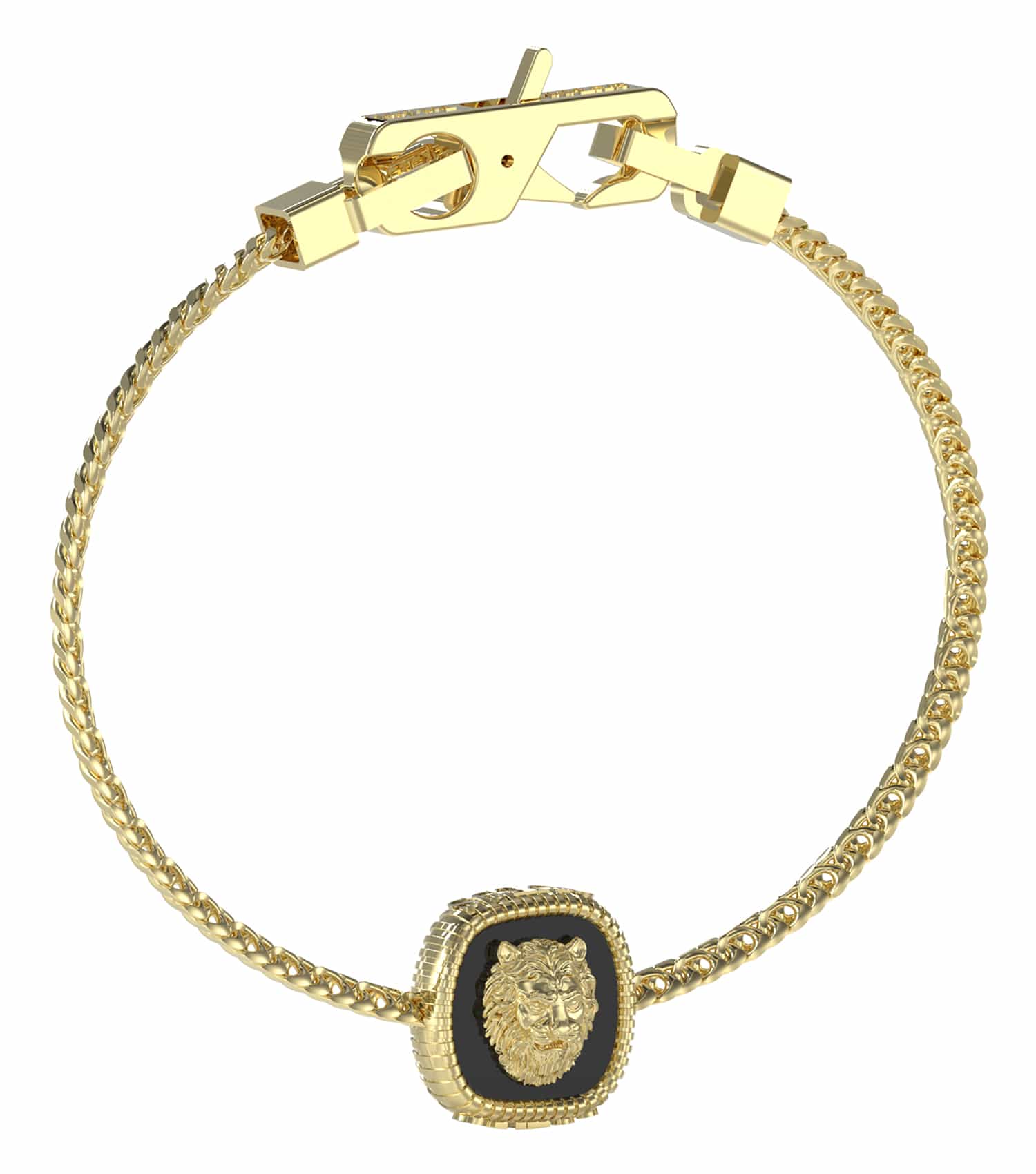 Guess Jewellery gold bracelet with elegant link design, top angle view showcasing shiny gold hue, embodying luxury and style.