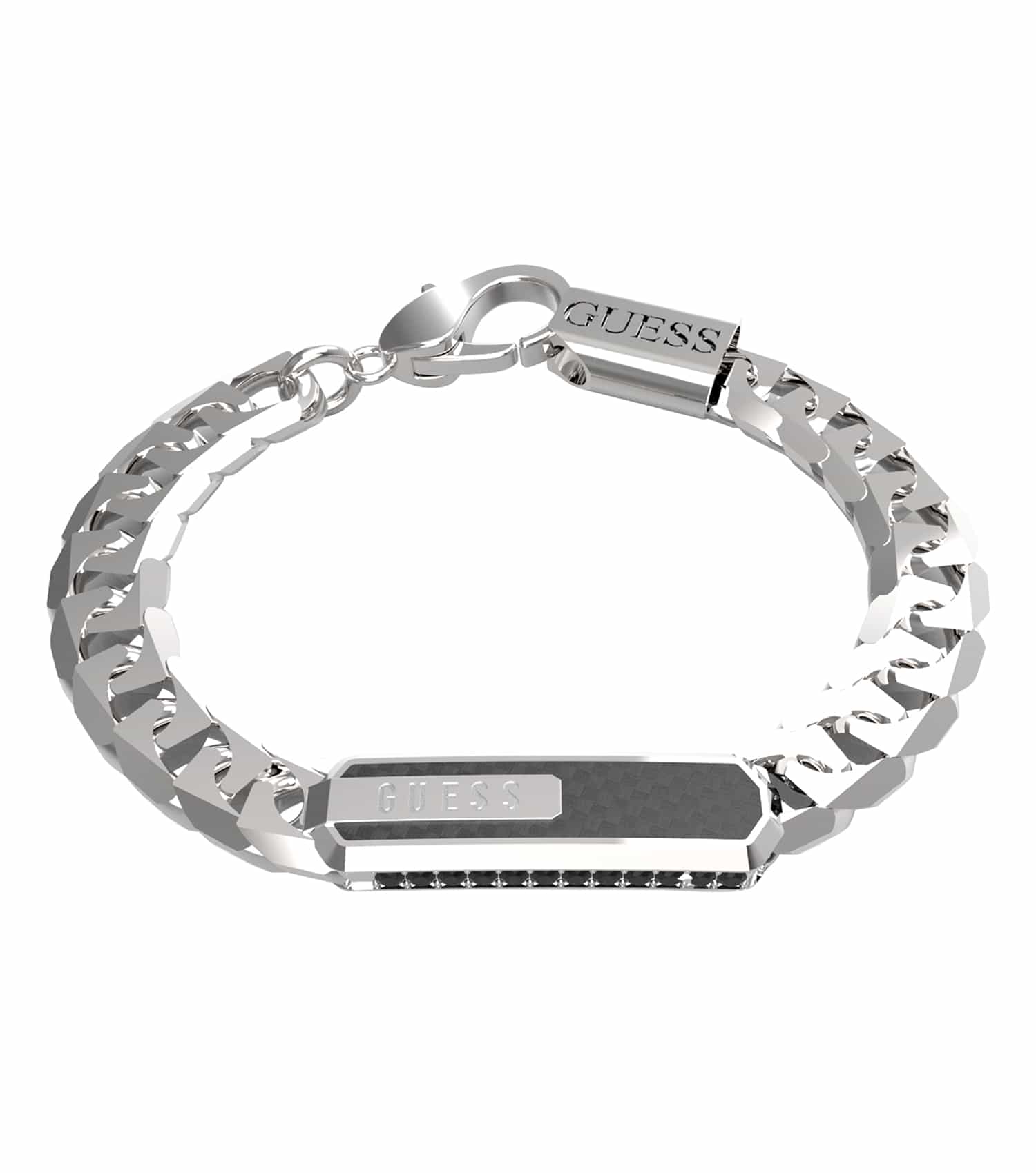 Silver Guess Jewellery bracelet on soft background with elegant design at a slightly tilted angle, perfect accessory choice.