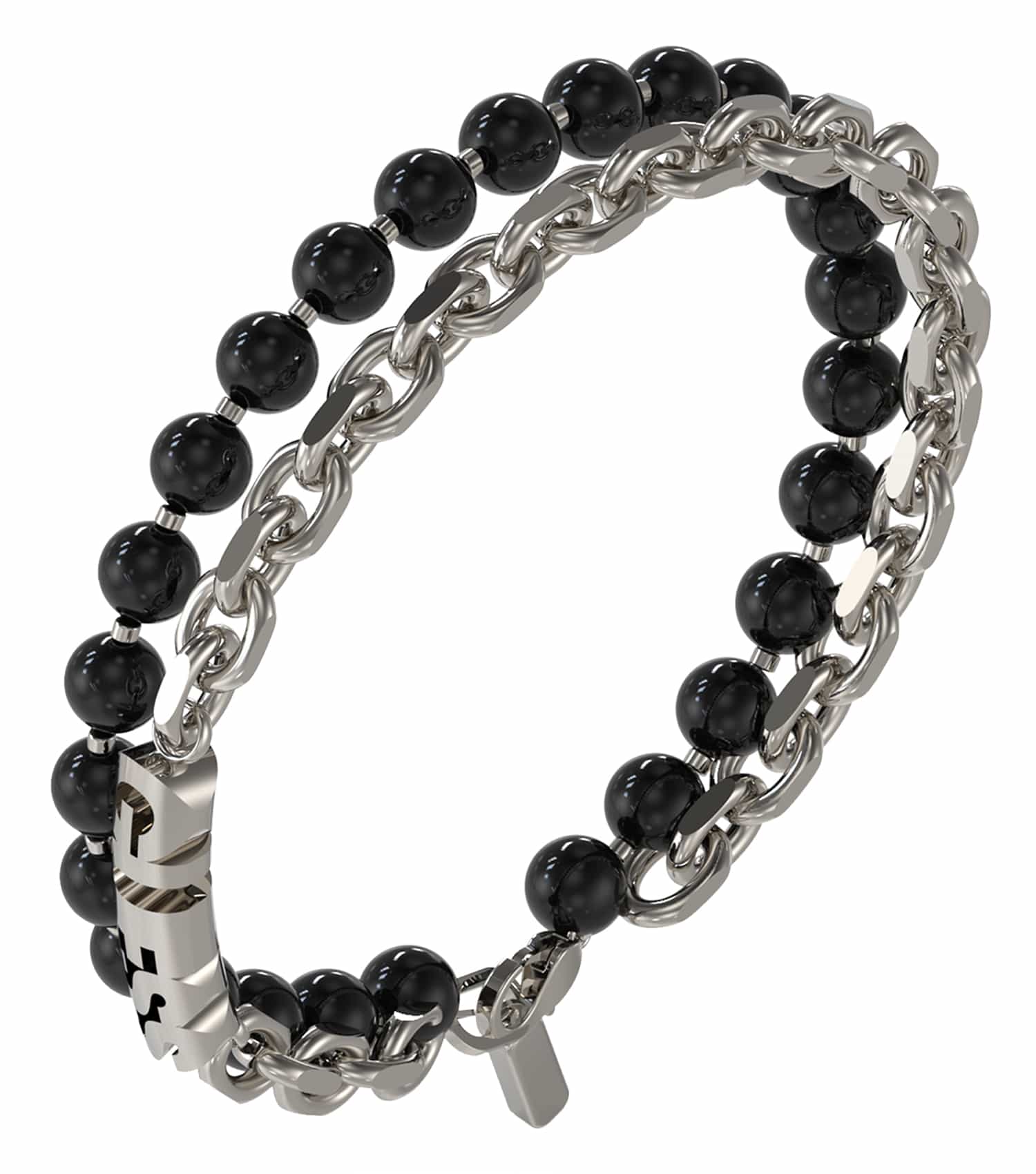 Silver Guess Jewellery bracelet elegantly showcased from a side angle, capturing its sleek design and reflective finish.