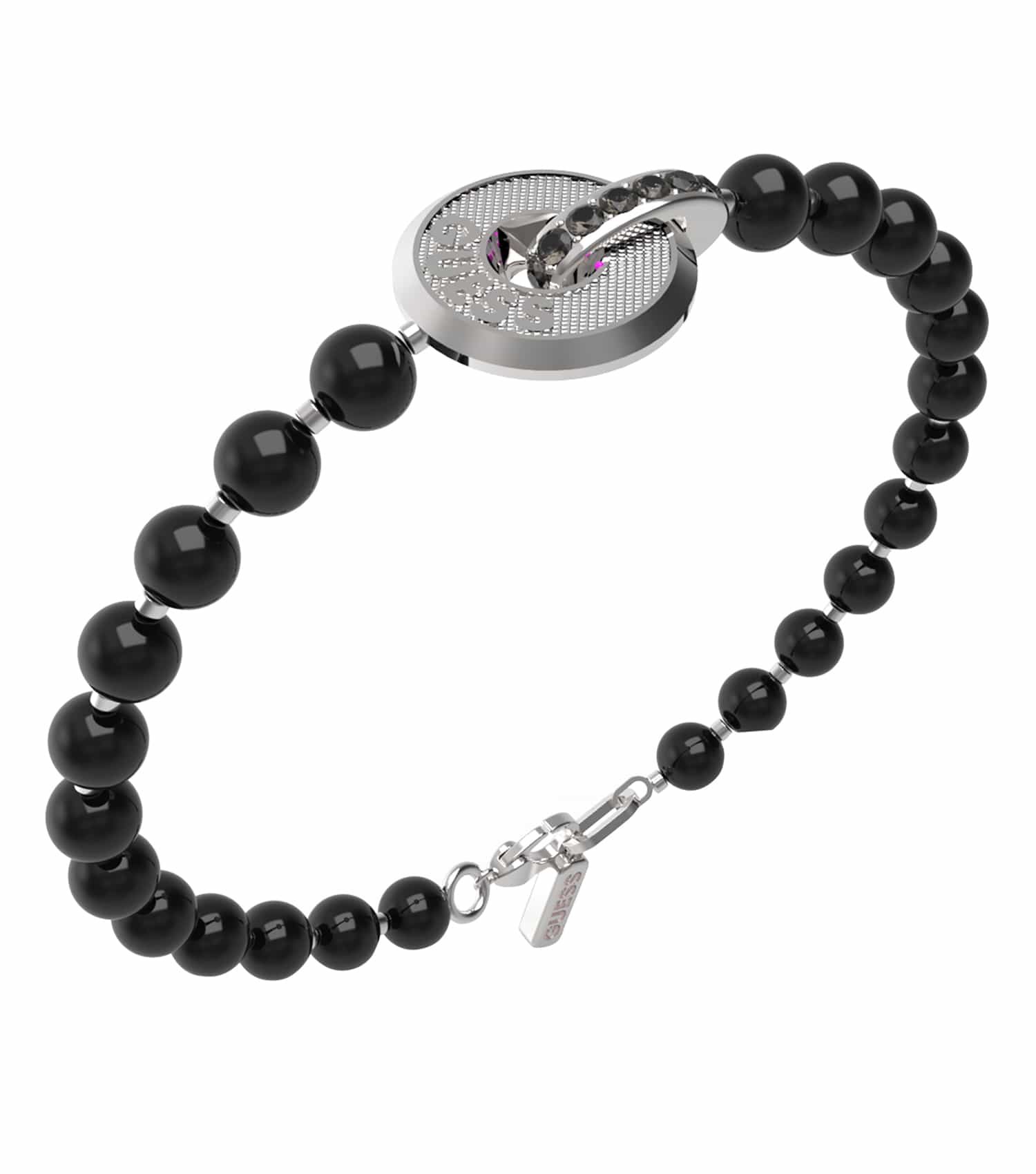 Silver Guess Jewellery bracelet in a sleek, minimalist design, shot from a front angle showcasing polished metal elegance.