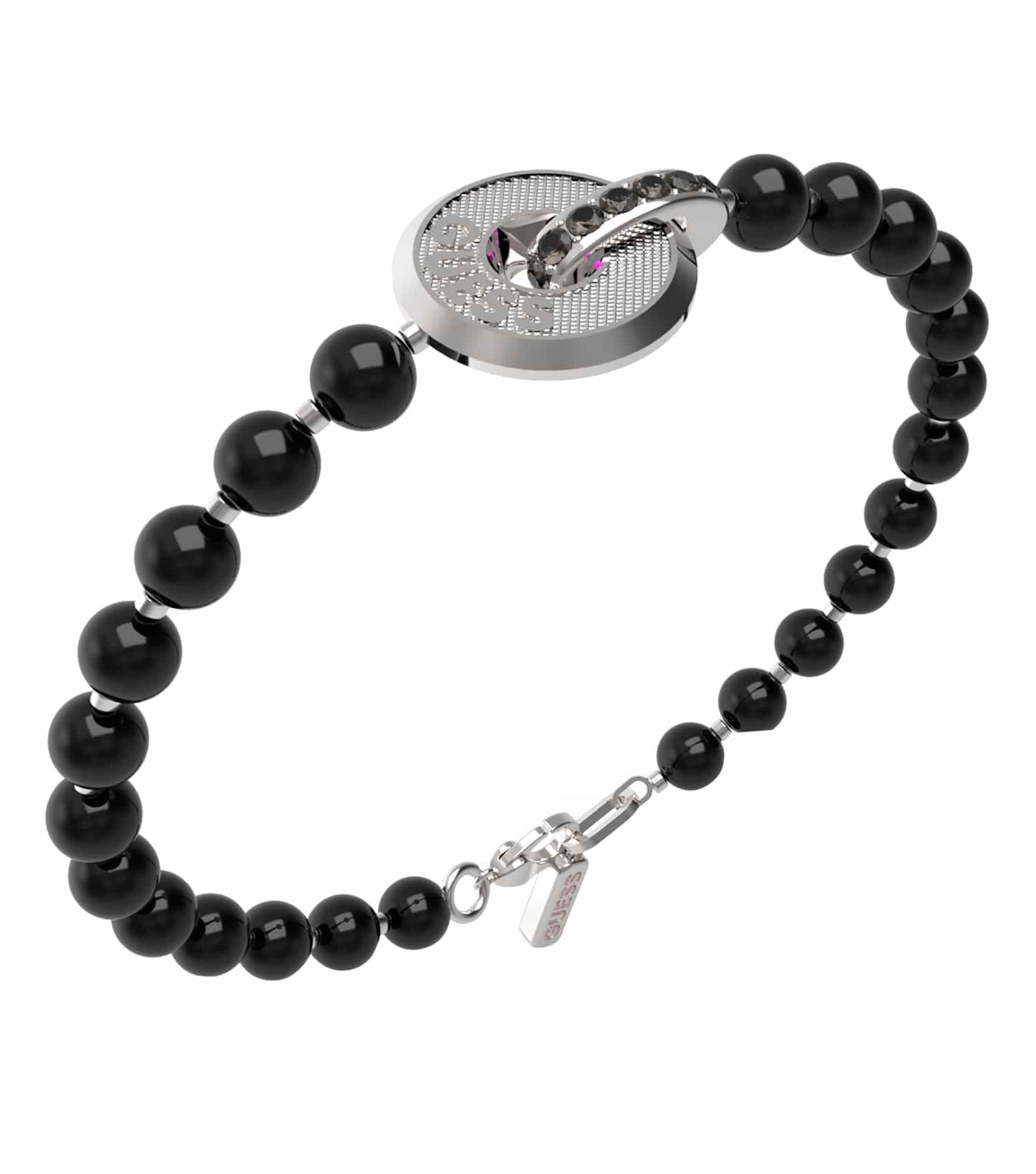 Silver Guess Jewellery bracelet in a sleek, minimalist design, shot from a front angle showcasing polished metal elegance.