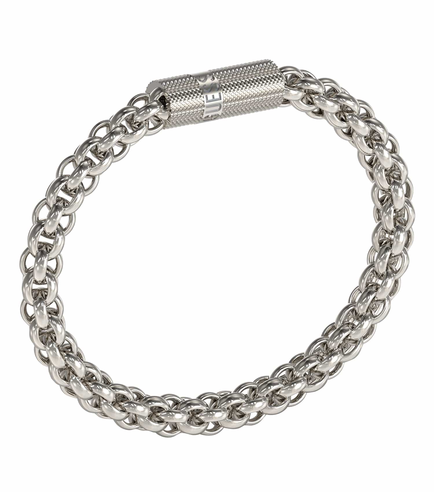 Guess Jewellery gold bracelet elegantly displayed at an angled side view, showcasing its sleek design and shimmering finish.