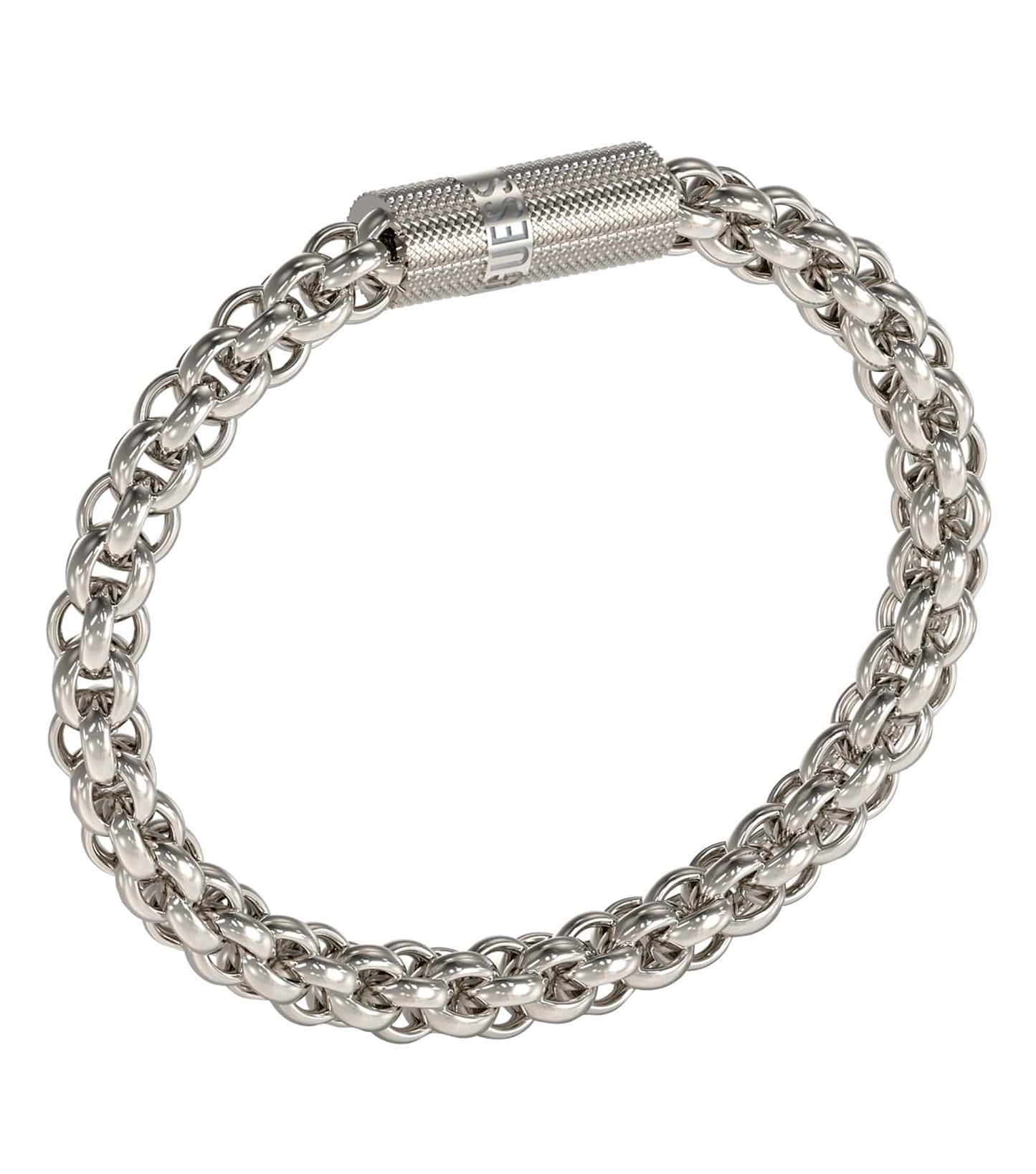 Guess Jewellery gold bracelet elegantly displayed at an angled side view, showcasing its sleek design and shimmering finish.