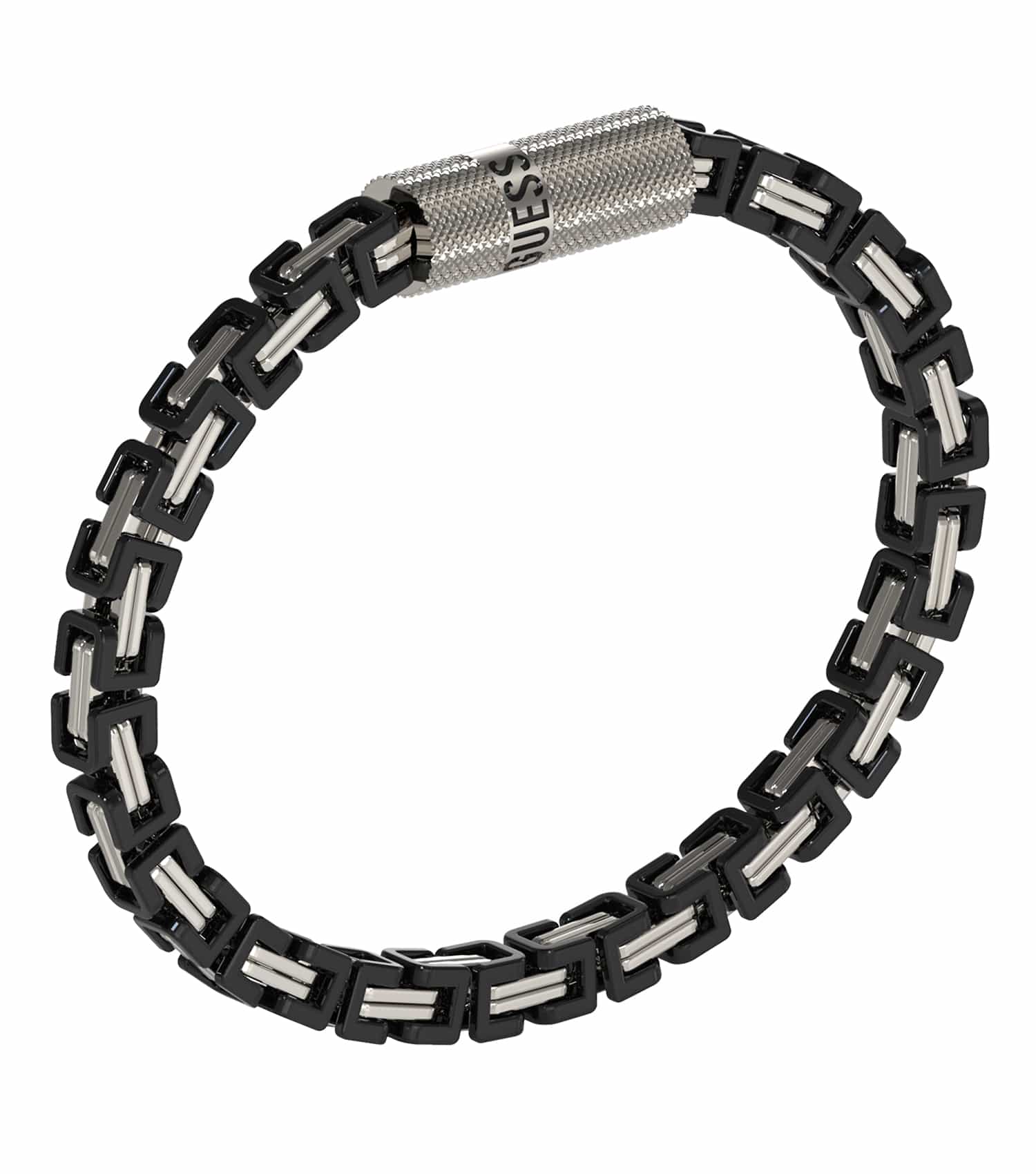 Silver Guess Jewellery bracelet, side angle view, featuring intricately crafted sleek design, exuding elegance and modern sophistication.