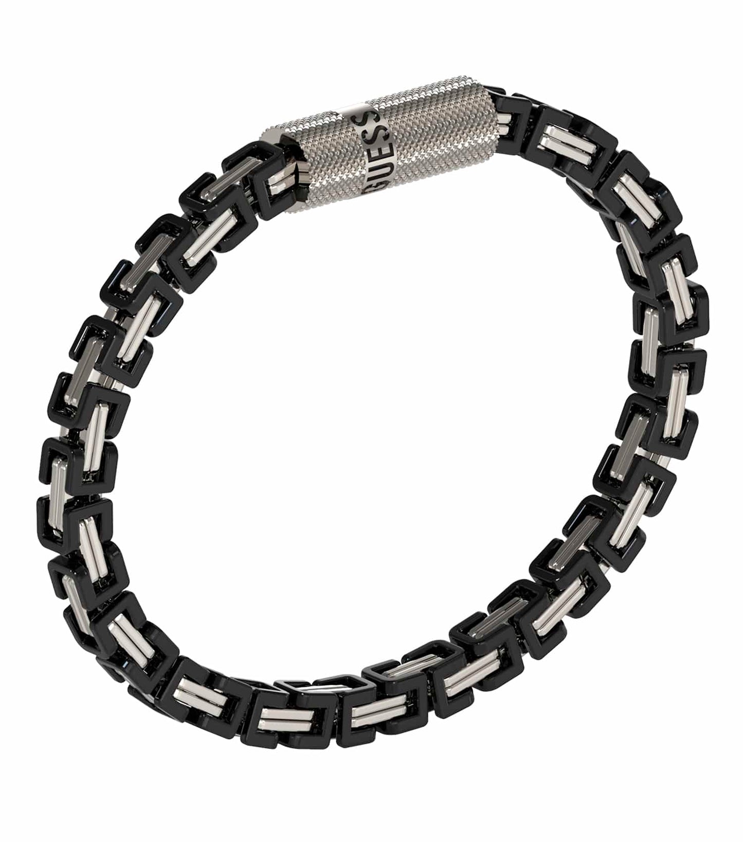 Silver Guess Jewellery bracelet, side angle view, featuring intricately crafted sleek design, exuding elegance and modern sophistication.