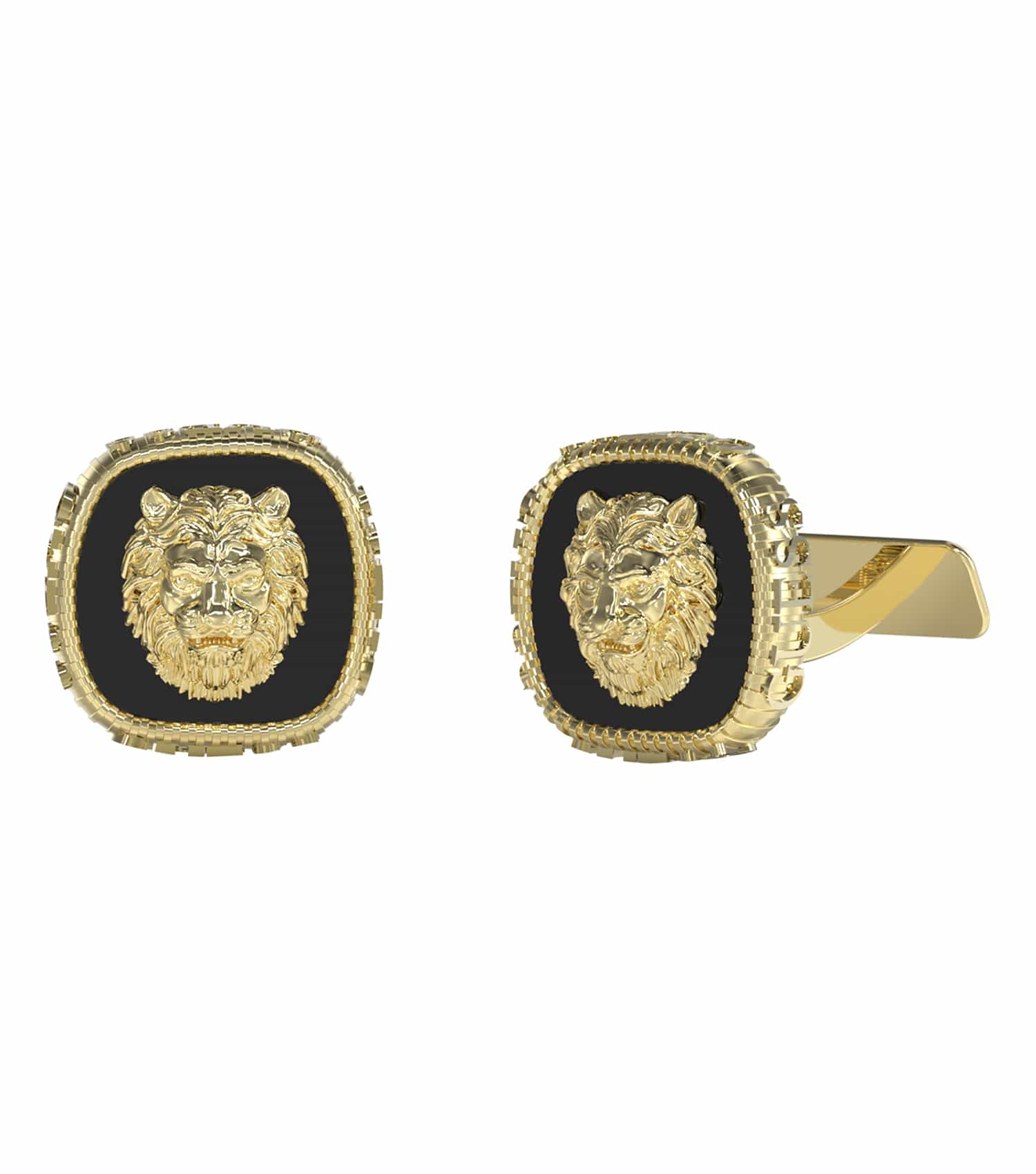 GUESS Jewellery gold cufflinks with a glossy finish, showcased at a slight angle highlighting their sleek, sophisticated design.