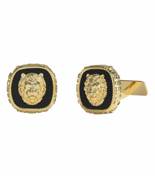 GUESS Jewellery gold cufflinks with a glossy finish, showcased at a slight angle highlighting their sleek, sophisticated design.