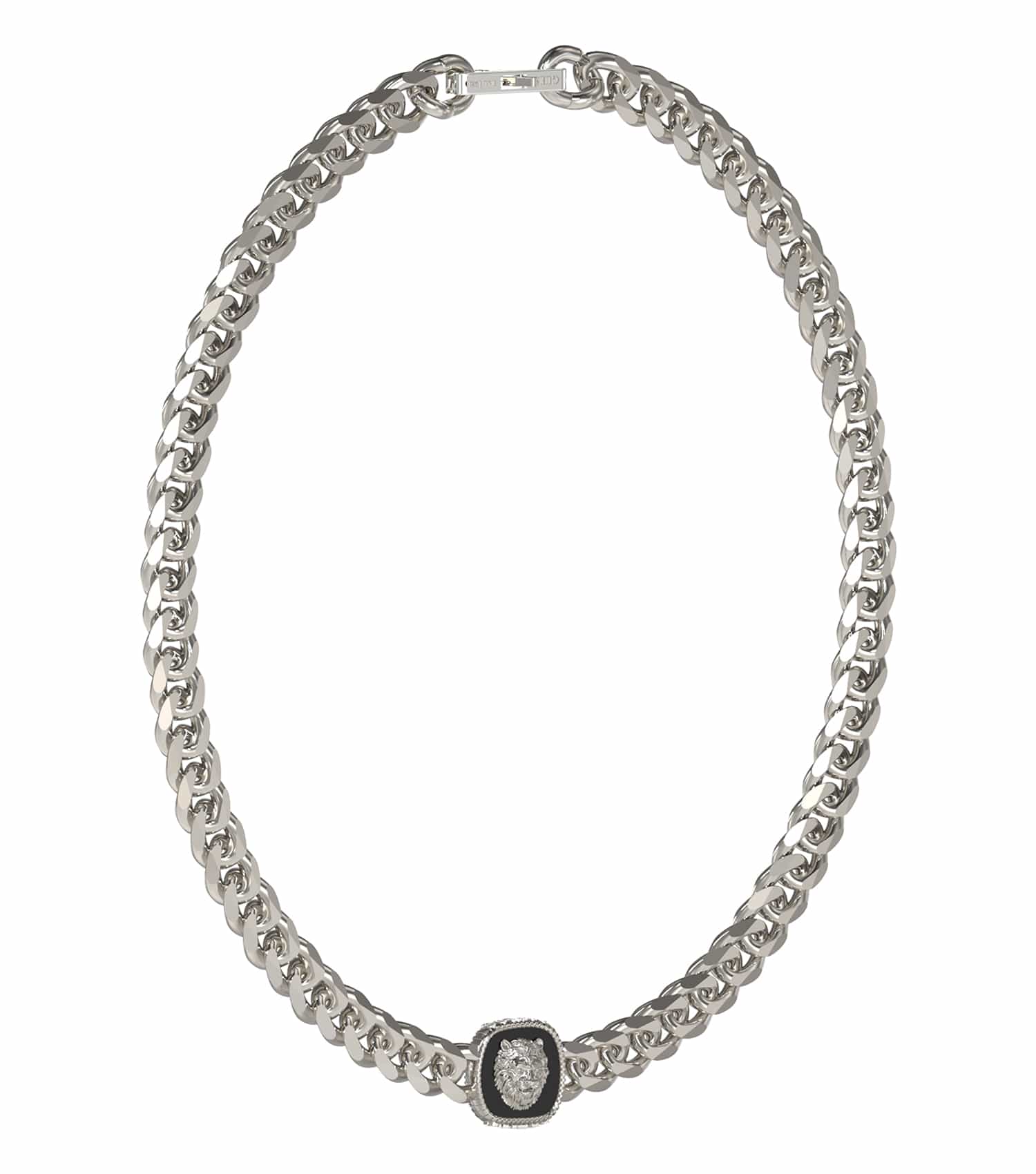 Guess Jewellery silver necklace, one-size elegant design, displayed at a diagonal angle, showcasing intricate detailing.