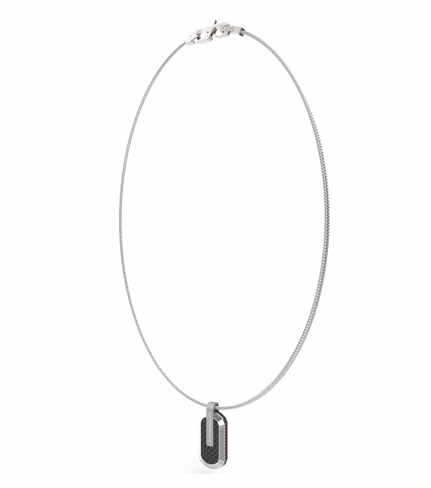 Silver Guess Jewellery necklace with an elegant pendant displayed at a front-angle, emphasizing its refined and timeless charm.