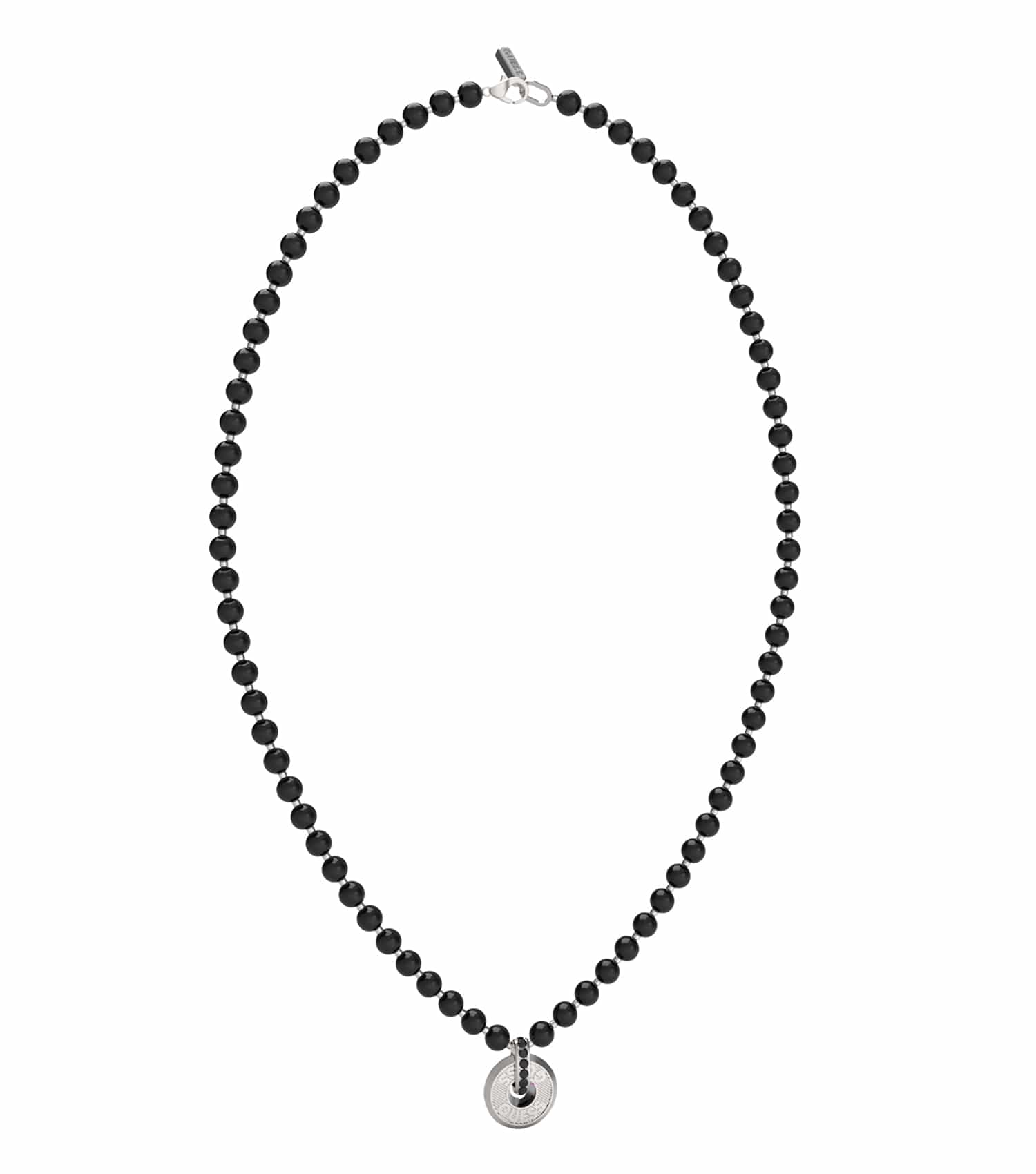 Guess Jewellery silver necklace with a stylish design, showcasing its elegant chain and pendant from a top-down angle.