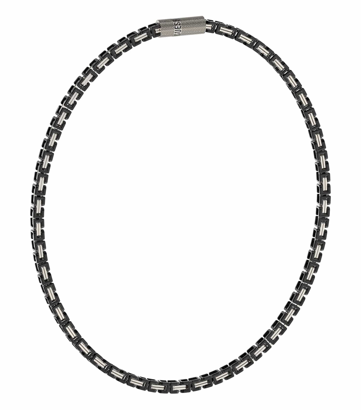 Silver-toned Guess Jewellery necklace showcasing a sleek, modern design, captured at a frontal angle, highlighting its minimalist elegance.