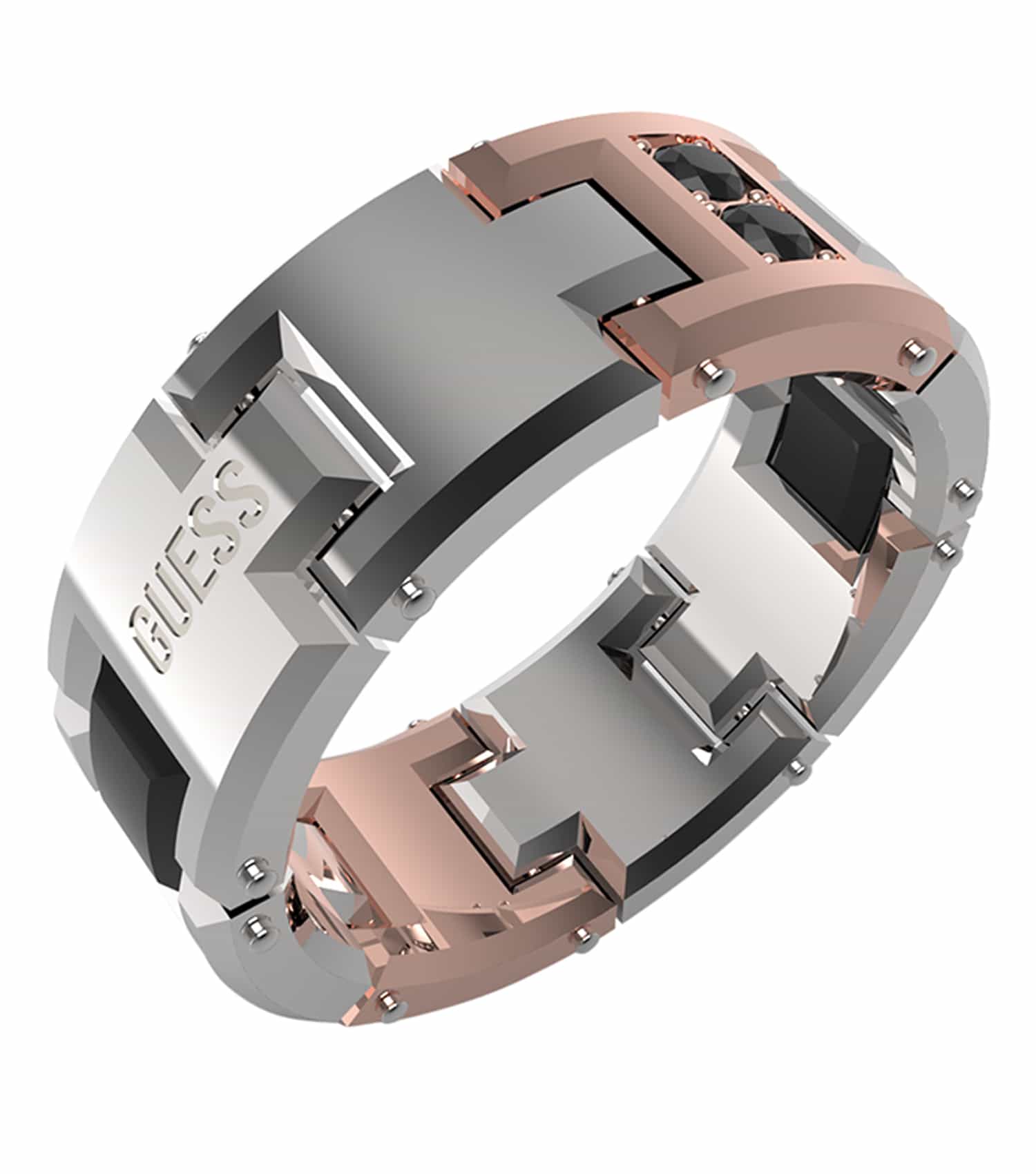 Rose Gold Guess Jewellery ring, side view, showcasing intricate design and elegant shine, tailored for passionate jewelry enthusiasts.