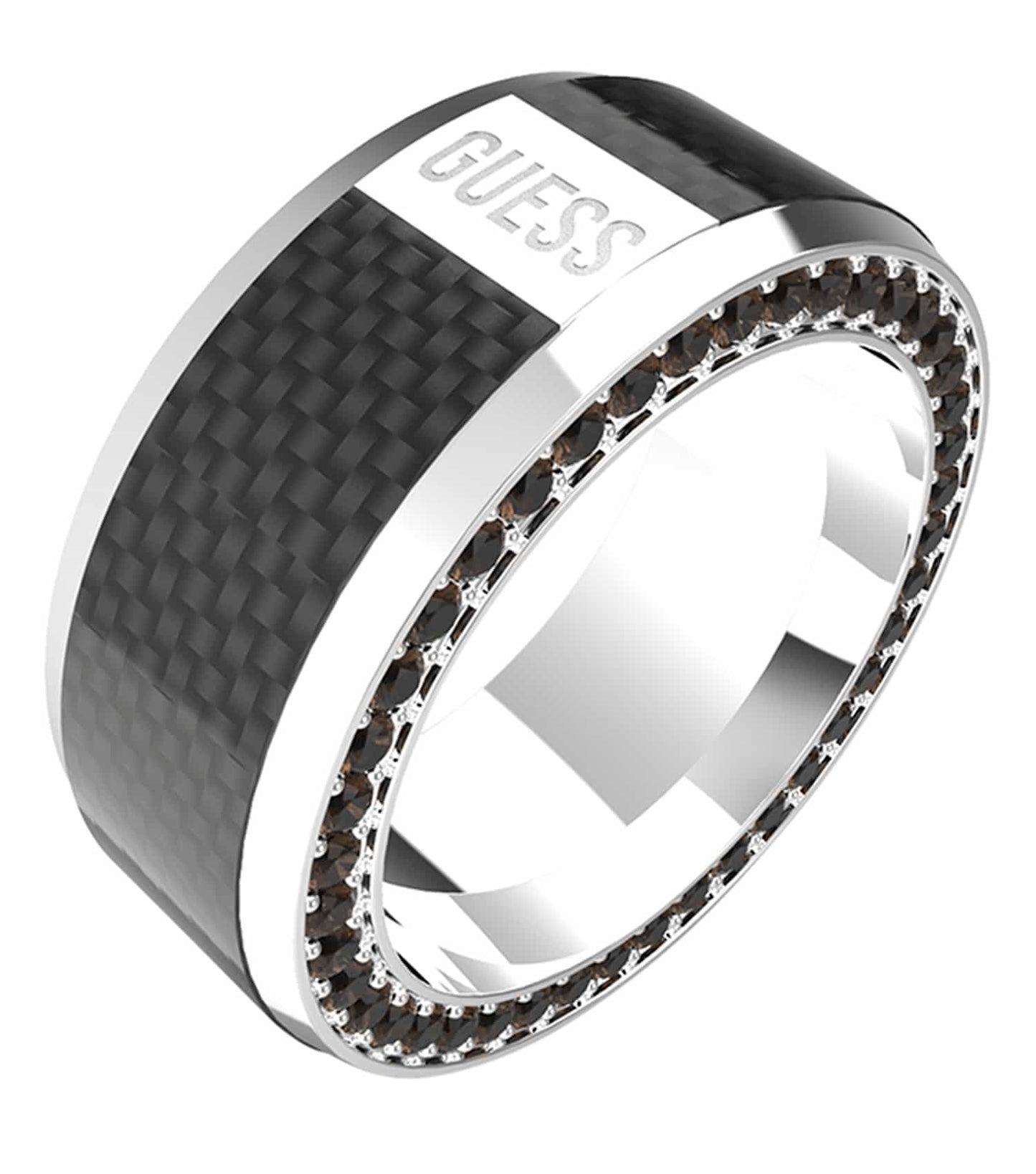 Guess Jewellery silver ring, sleek design with clear stones, displayed at a front angle, showcasing its elegant craftsmanship.