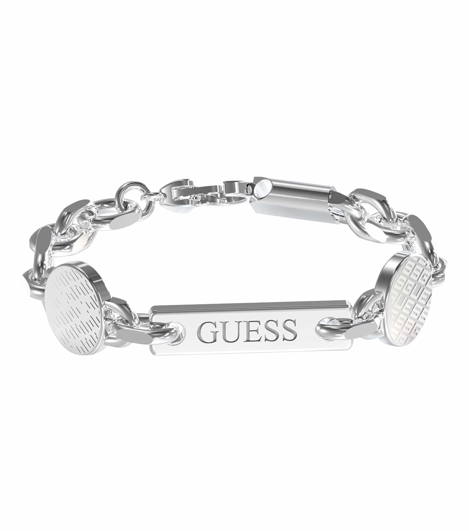 Silver Guess Jewellery bracelet with sleek, modern design, showcased at a subtle angled perspective against a white backdrop.