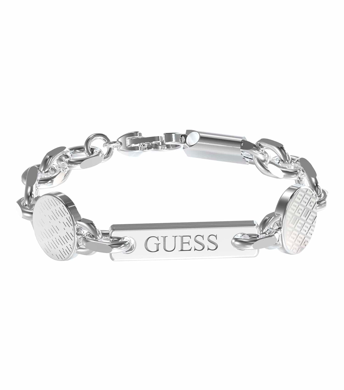 Silver Guess Jewellery bracelet with sleek, modern design, showcased at a subtle angled perspective against a white backdrop.