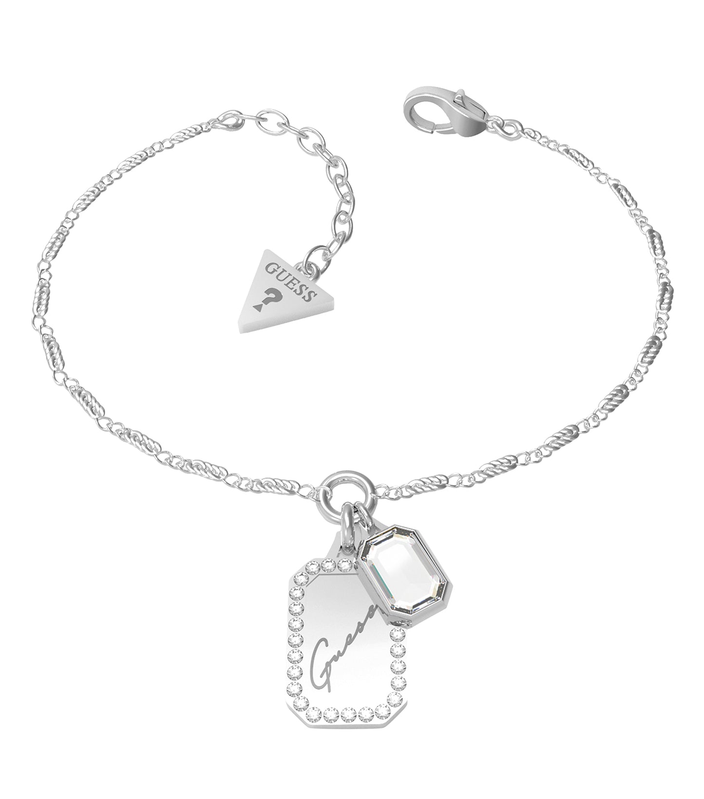 Guess Jewellery silver bracelet, showcasing elegant design from a top angle, with intricate details and refined craftsmanship.