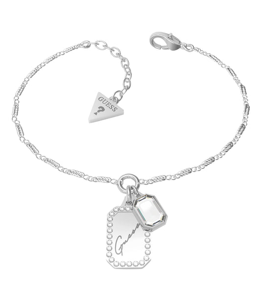 Guess Jewellery silver bracelet, showcasing elegant design from a top angle, with intricate details and refined craftsmanship.