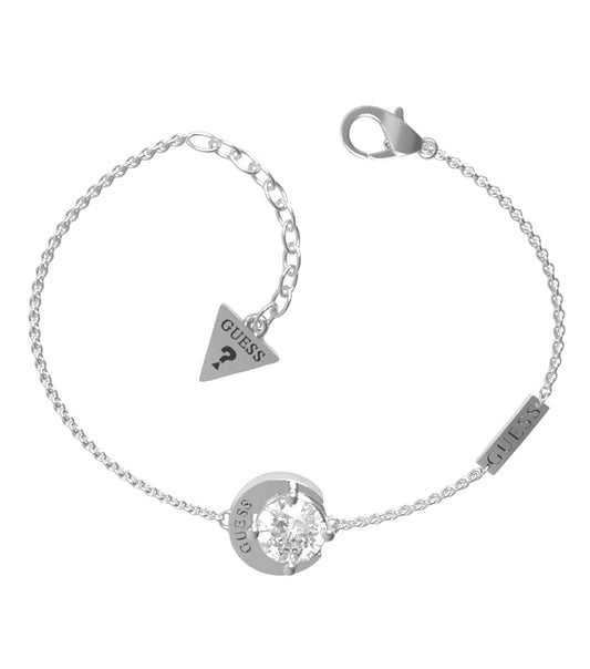 Guess Jewellery silver bracelet showcasing its sleek design captured at a top-down angle, exuding elegance and modern fashion.