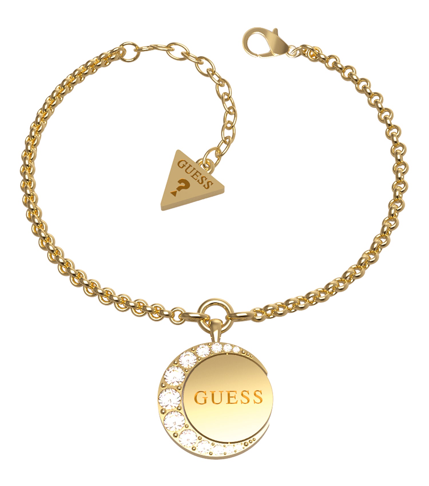Gold Guess Jewellery bracelet elegantly displayed at a 30-degree angle, showcasing its intricate design and luxurious sheen.