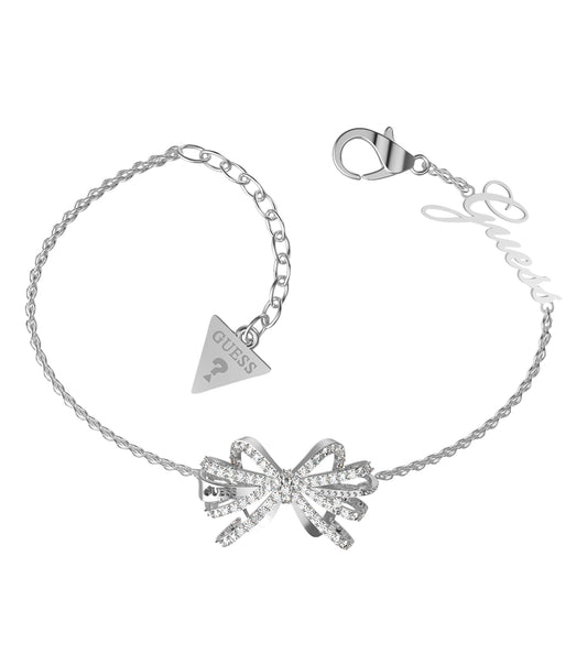 Guess Jewellery silver bracelet with a sleek contemporary design, angled elegantly to showcase its polished finish and delicate chain clasp.