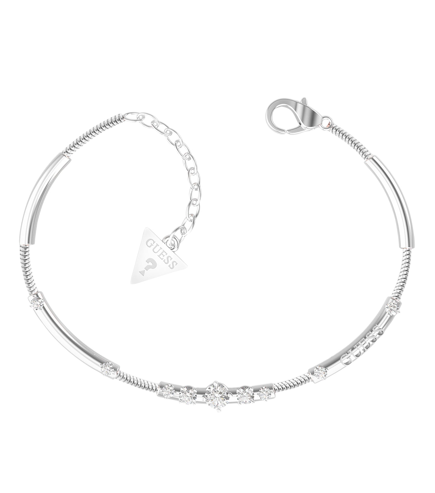 Guess Jewellery silver steel bracelet on a flat angle, showcasing the elegant design and craftsmanship for sophisticated taste.