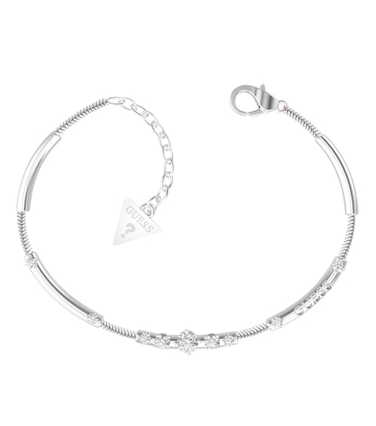 Guess Jewellery silver steel bracelet on a flat angle, showcasing the elegant design and craftsmanship for sophisticated taste.