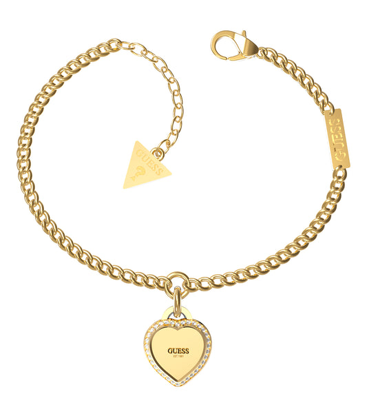 Guess Jewellery gold bracelet with elegant design, showcased at a slightly tilted angle, capturing luxurious shine and detail