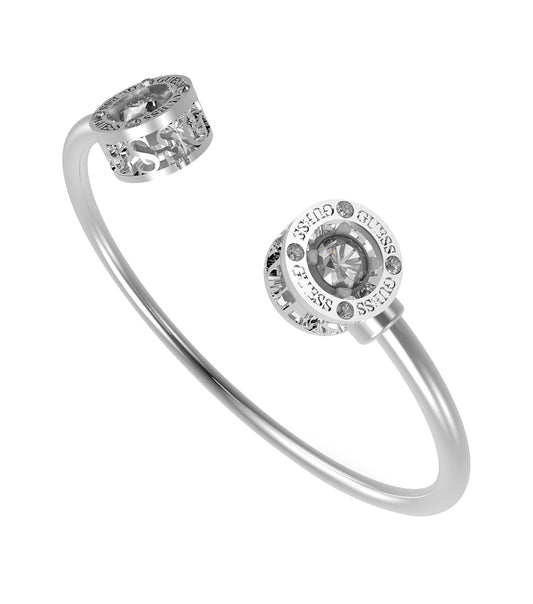 Silver Guess Jewellery bracelet displayed at a top-down angle, showcasing its sleek design and captivating elegance in the image.