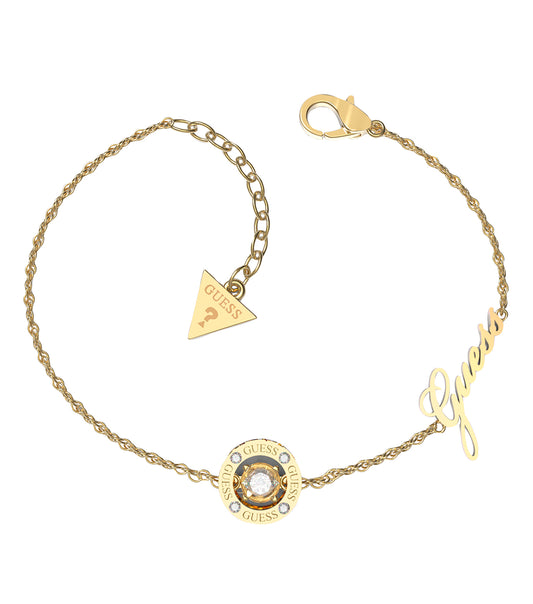 Elegant Guess Jewellery gold bracelet, side angle view; features delicate chain with charm detail, embodying timeless sophistication.