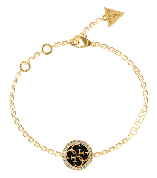 Guess Jewellery gold bracelet angled to showcase its elegant design with intricate detailing, exuding timeless sophistication.