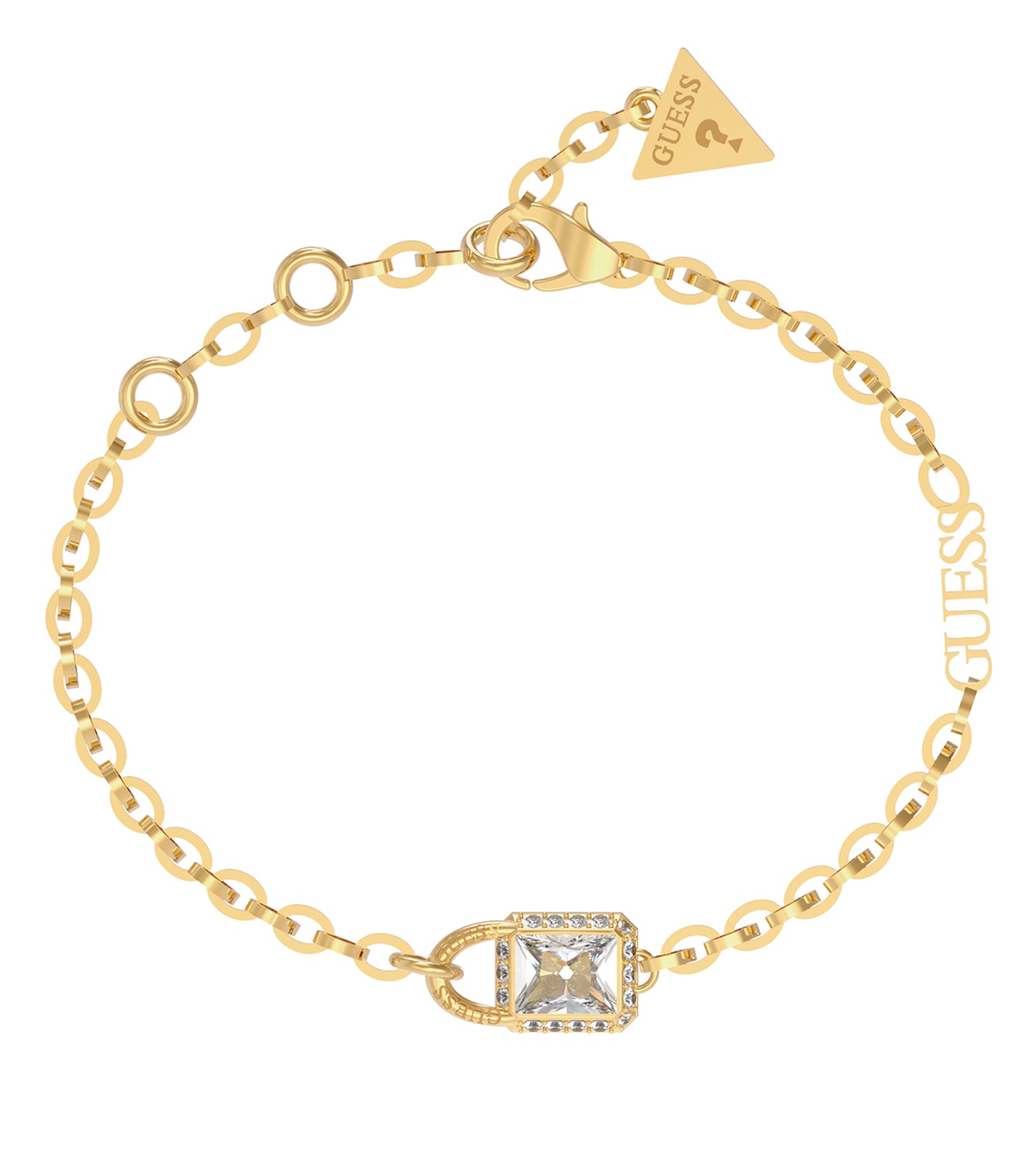 Gold color Guess Jewellery bracelet captured at a 45-degree angle, showcasing its elegant, intricate details and luxurious shine.